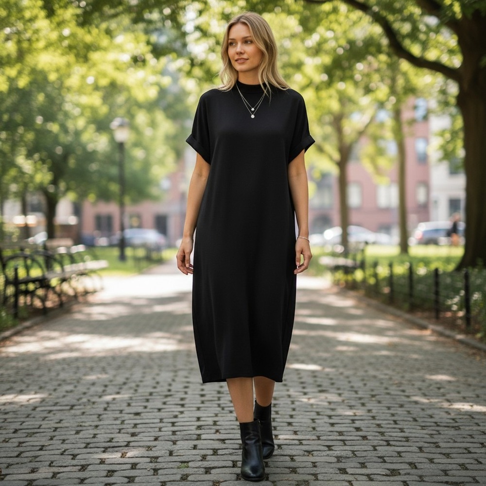 Jones New York Dress Women 10 Black Shift Midi Knot Button Back V-Neck Minimal